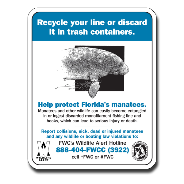 Recycle your line or discard in trash containers Sign used at Marine areas