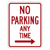 No Parking Any Time sign right arrow sign
